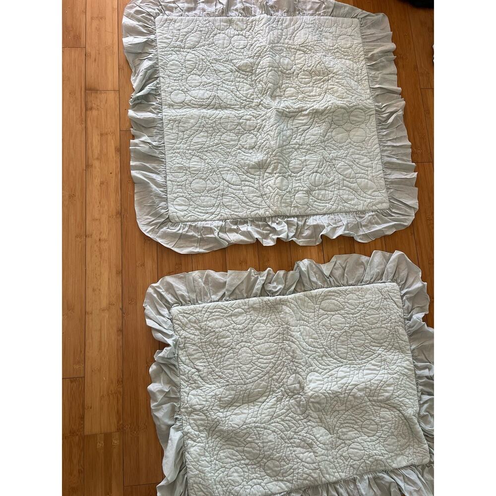 Pottery Barn Quilted Ruffled Pillow Shams Standard Seafoam Green Cotton A Pair